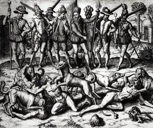 Vasco Nunez de Balboa（1475-1571）的狗攻击印第安人 作者 西奥多·德布瑞