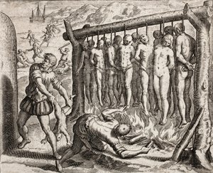 13名被吊死和烧死的受害者，描述了西班牙定居者对印第安人犯下的罪行，出自《西班牙人的区域描述》（Narratio regionum indicarum per Hispanos quosdam devastatarum verissima）；作者：巴托洛梅-德拉斯-卡萨斯（雕刻）。 作者 西奥多·德布瑞
