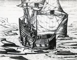 威廉-巴伦支（约1550-1597）的船在荷兰第三次寻找东北通道的探险中，由Theodor de Bry（1528-1598）雕刻。 作者 西奥多·德布瑞