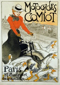 Comiot 摩托车的广告海报。 一个骑着轻便摩托车的年轻女子在一群鹅中打滚。 Theophile Alexandre Steinlen（1859-1923 年）的海报。 1899. 巴黎，装饰艺术。 作者 西奥菲勒·亚历山大·斯坦伦