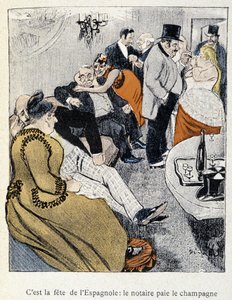 Filles et Marlous：这是西班牙人的盛宴：公证人支付香槟 - 在“Dans la vie”中，Steinlen 1901 年（与第 27695 号图纸相同） 作者 西奥菲勒·亚历山大·斯坦伦
