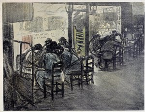 在咖啡馆的露台上（橱窗上写着“苦艾酒 15”、“Pernod 20”） Theophile Alexandre Steinlen (1859-1923) 绘画 20 世纪巴黎，Musee Carnavalet 作者 西奥菲勒·亚历山大·斯坦伦