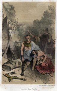 1763 年，易洛魁人在加拿大对休伦人进行大屠杀（《巴黎条约》）。 阿道夫·布歇 (Adolphe Boucher) 于 1845 年雕刻的《耶稣会士从建社至今的戏剧性且风景如画的历史》，由泰奥菲勒·弗拉戈纳 (Theophile Fragonar) 绘制 作者 Theophile Evariste Fragonard