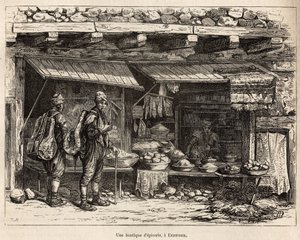 Erzeroum（亚美尼亚）的一家杂货店，由作者绘制，描绘了在拉齐斯坦和亚美尼亚的旅程，由 Theophile Deyrolles 于 1869 年出版，发表于 1875 年的“Le tour du monde””，由 Edouard Charton 编辑， 阿歇特版，巴黎。