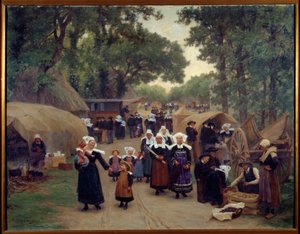 穿着传统服装抵达 Pardon de Fouesnant Breton 家庭。 Theophile Deyrolle (1844-1923) 的绘画 1892 布列斯特，美术博物馆