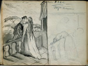 罗密欧与朱丽叶》 威廉-莎士比亚（1564-1616）的同名作品的插图，表现了在阳台上接吻的恋人。西奥多-夏瑟留（1819-1856）的素描，巴黎。卢浮宫博物馆 作者 蒂奥多·切塞留