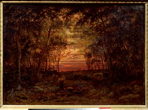 Sunset in the forest Painting by Theodore Rousseau (1812-1867) 19th century Barbizon School. Dim. 0,46x0,62m. Oil on canvas. .