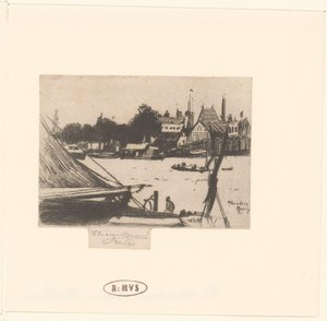 有船的河景 来自切尔西的巴特西 作者 Théodore Roussel（艺术家签名）