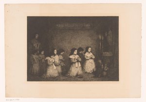 一群女孩在圣母玛利亚雕像前祈祷
La Prière（物品上的标题）
Eaux-Fortes Modernes: Originales et Inédites（系列标题）