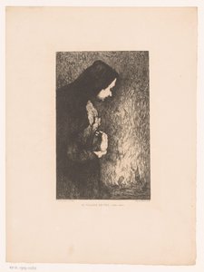 站立的妇女望着背景中燃烧的村庄
Le Village en Feu（物体上的标题）