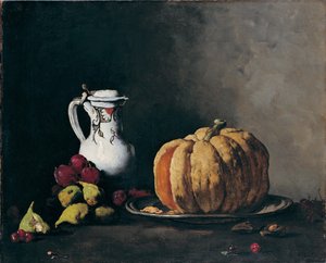 南瓜、李子、樱桃、无花果和壶的静物画，约1860年
