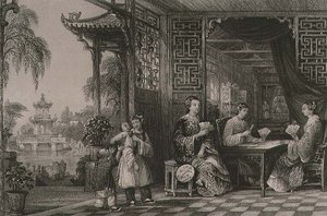 打牌的文人家庭妇女，出自乔治-纽纳姆-赖特（约1790-1877年）的《中国系列景观》1843年（雕刻）。 作者 托马斯（后）Allom