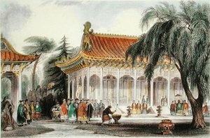 北京圆明园觐见厅，约1850年（彩色平版）。 作者 托马斯（后）Allom