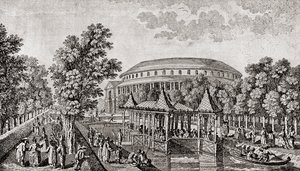 拉内拉花园，切尔西，伦敦，英国。 由托马斯·鲍尔斯 (Thomas Bowles) 雕刻而成的拉内拉花园 (Ranelagh Gardens) 圆形大厅 (“中国之家”) 的外部以及部分场地 作者 托马斯（后）鲍尔斯