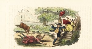 植物学家一家在田野里被一头冲锋的公牛袭击。1831年（雕刻） 作者 托马斯（继）罗兰森
