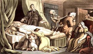 "在美德的眼中，没有什么场景比美德之人的死亡更美好"，选自鲁道夫-阿克曼（1764-1834 年）1814 年出版的《英国死亡之舞》（水彩画）