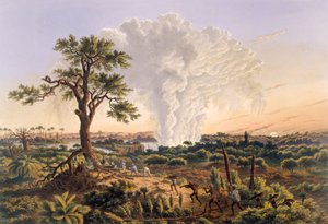 日出时分的大瀑布，喷雾云上升到1200英尺的地方，出版。1865.   作者 托马斯贝恩斯
