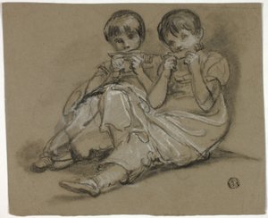 两个女孩在梳子上玩耍（正面）；坐着的女人素描和另一个人物的片段（背面） 作者 托马斯·巴克