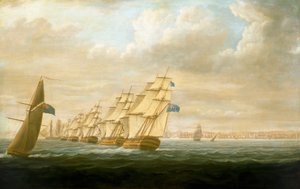 纳尔逊在加的斯的近岸封锁中队，1797 年 7 月，约 1800 年（布面油画） 作者 托马斯·巴特沃斯（Thomas Buttersworth）