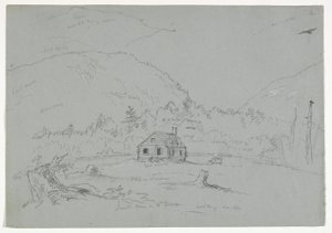在沙漠山的房子，1844年（石墨在纸上用白色蜡笔加高） 作者 托马斯·科尔