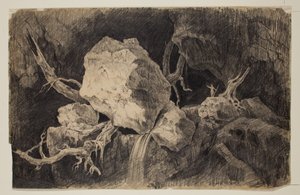 猎人站在岩石和瀑布附近的山洞里，约1828年（石墨铅笔）。 作者 托马斯·科尔