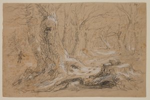 冬季的树木与站在冰冻小河上的男子（纸上铅笔和水粉画） 作者 托马斯·科尔
