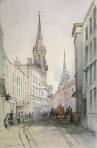 沿伦巴德街向东看，有人物和马车，伦敦市，1851年 作者 托马斯·科尔曼·迪布丁