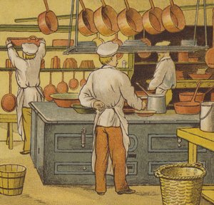 卡昂：酒店厨房（彩色印刷）。 作者 托马斯·克莱恩（Thomas Crane）