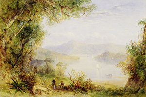 哈德逊河上的风景，约1840-45年（面板上的油）