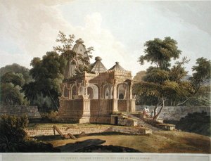 巴哈尔的罗塔斯堡的一座古代印度教寺庙，图版12来自《东方风景》。印度斯坦的二十四景》，1796年出版（彩色平印）。 作者 托马斯·丹尼尔