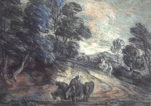 有马喝水的森林风景（粉彩画） 作者 托马斯·盖恩斯伯勒