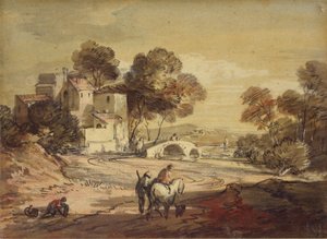 意大利风格的风景画，有旅行者在蜿蜒的路上，1775-1779年 作者 托马斯·盖恩斯伯勒
