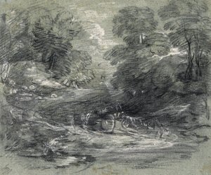 树木间蜿蜒小径上的农用车风景（纸上炭笔和水粉画） 作者 托马斯·盖恩斯伯勒