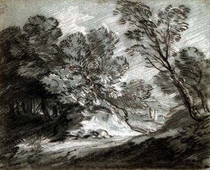 第0975号 《远山的森林景观》（蓝色纸上粉笔画 作者 托马斯·盖恩斯伯勒