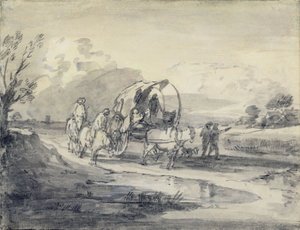 与牧民和有盖车一起打开风景，c.1780-85（灰色和黑色洗涤和粉笔放在纸上） 作者 托马斯·盖恩斯伯勒