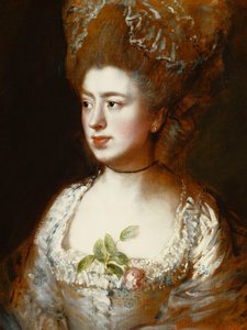 玛丽·盖恩斯伯勒小姐（Mary Gainsborough）小姐，后来的菲舍尔（Fischer）夫人，艺术家的女儿，头和肩膀的肖像，面对她的右边，身穿蓝白相间的礼服，胸前戴粉红玫瑰， 作者 托马斯·盖恩斯伯勒