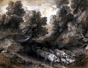 有牛和羊的森林景观，约1768-72（纸上黑白粉笔）。 作者 托马斯·盖恩斯伯勒