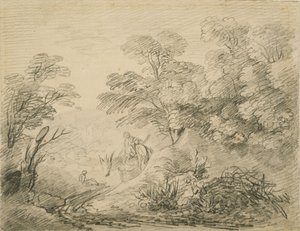 树木繁茂的景观与驴和数字，c.1759（石墨在纸上） 作者 托马斯·盖恩斯伯勒