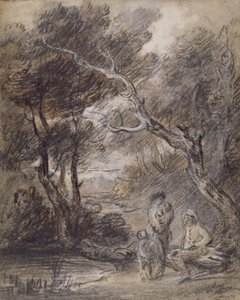 树木繁茂的景观，含人物，c.1788年（粉笔，水洗和纸上水粉） 作者 托马斯·盖恩斯伯勒