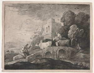 树木繁茂的景观与牧民驾驶牛，1779-1780年。 作者 托马斯·盖恩斯伯勒