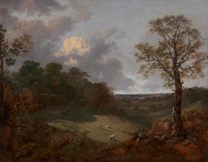 带有小屋和牧羊人的森林景观，1748至1750年。 作者 托马斯·盖恩斯伯勒
