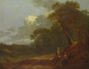 树林中的风景，一个男人与两个坐着的女人交谈，约1745年。 作者 托马斯·盖恩斯伯勒