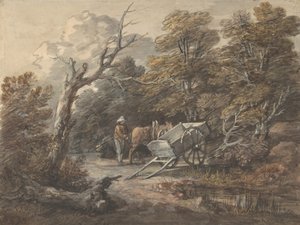 有一个农民、一匹马和一辆车的林地场景，约1760年。 作者 托马斯·盖恩斯伯勒