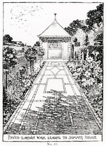 从托马斯·莫森（Thomas Mawson）的“花园制作的艺术与手工艺品”（The Art and Craft of Garden Making）中走出来的花园步道通往避暑别墅，于1900年出版