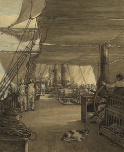 1775 年，从西印度群岛出发的 "Deal Castle "号邮轮上的场景。水彩画 作者 托马斯·赫恩