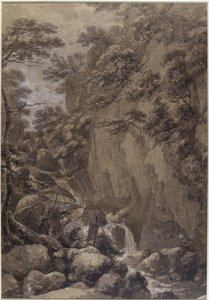 乔治·博蒙特爵士和约瑟夫·法林顿爵士画了一幅瀑布，1777年（笔和墨水在纸上洗） 作者 托马斯·赫恩
