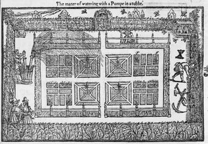 从1577年的园丁迷宫（The Gardeners Labyrinth）开始浇灌的一个抽水管