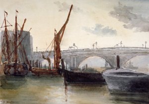 布莱克弗里尔桥的景色，前景为船只，伦敦，约1835年 作者 托马斯·霍利斯