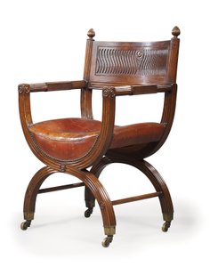 经过托马斯·霍普（Thomas Hope）的设计（约1880年，桃花心木），已故维多利亚时代的桃花心木X型框架扶手椅归功于马什·琼斯和克里布