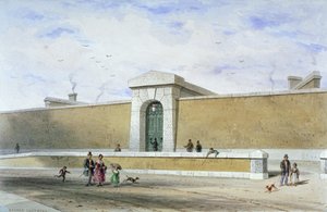 伦敦威斯敏斯特Tothill Fields的Bridewell监狱大门，约1850年。                              作者 托马斯·霍斯默牧羊人
